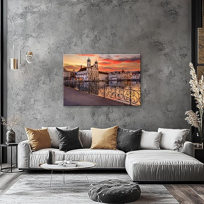 Mordern 1Pcs European Cityscape Canvas Wall Art Scenic Sunset Over River Cathedral with Domes Ready to Hang Architecture Romantic Travel Destination Decorative Framed Artwork for Living Rooms Bedrooms