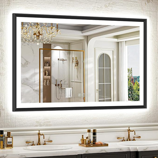 51x32 Black Framed Led Bathroom Mirror with Lights, Front Lit and Backlit, Lighted Vanity Mirror for Bathroom Wall, Anti-Fog, Dimmable, 3 Colors, Memory, HD Tempered Glass