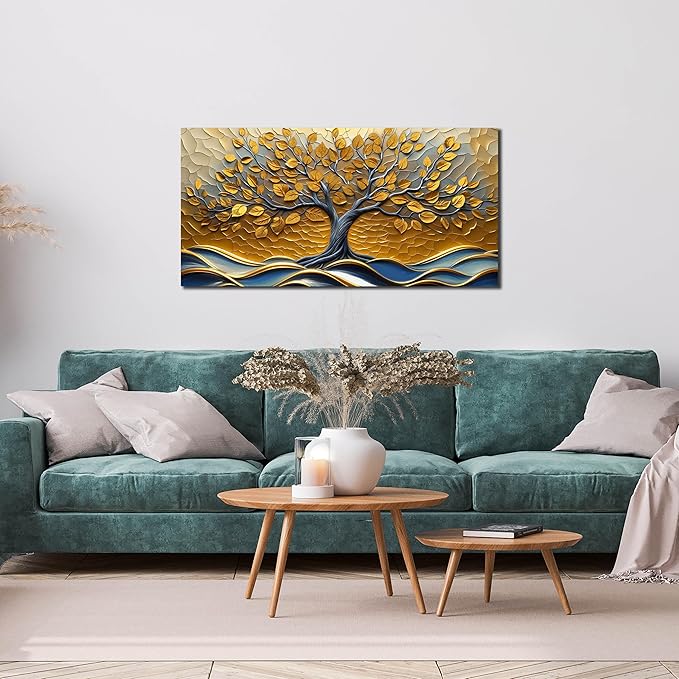 CANEITO Tree Wall Art for Living Room, Gold Wall-Decor for Bedroom, Modern Landscape Poster Canvas Print, Size 40x20 Inches