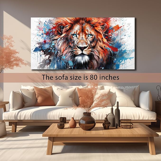 Lion Picture Wall Art For Bedroom Modern Large Wall Decor For Living Room Brown and Blue Canvas Wall Art For Office Size 36 x 72 Inch