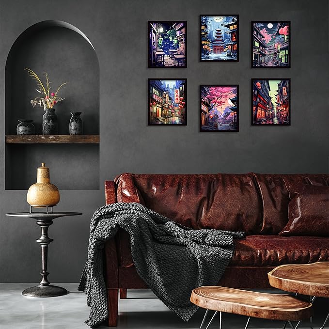 Luodroduo Japanese Wall Art Set of 6 Japan Rural Architecture Abstract Scenery Illustration Wall Decor Countryside Streets Canvas Art Poster for Living Room Bedroom Wall Art (A, 11"x14" UNFRAMED)