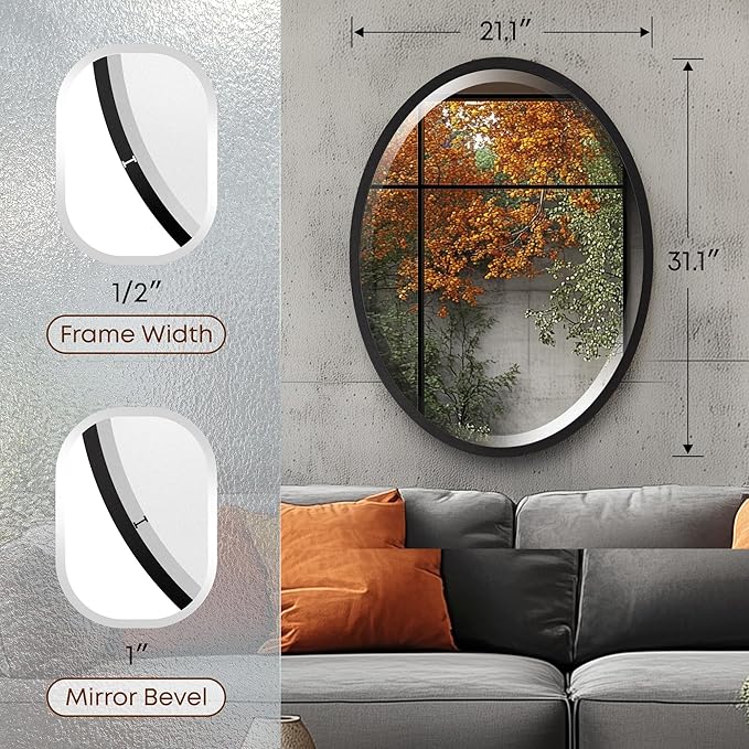OVALCREST - Oval Wooden Beveled Wall Mirror for Home Decor, Bathroom, Vanity, Bedroom, Living Room, Hallway - London Style (Matte Black) 31.1 x 21.1