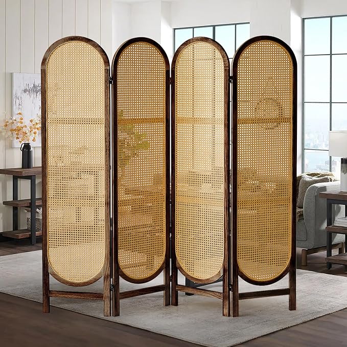 ALeesinwing 4 Panels Room Dividers, Hand-Woven Rattan Room Divider Panel and Folding Privacy Screens, Wood Room Divider Wall Freestanding Room Partitions Screen for Home Office Bedroom, Dark Brown