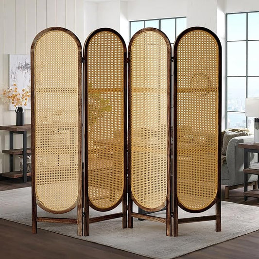ALeesinwing 4 Panels Room Dividers, Hand-Woven Rattan Room Divider Panel and Folding Privacy Screens, Wood Room Divider Wall Freestanding Room Partitions Screen for Home Office Bedroom, Dark Brown