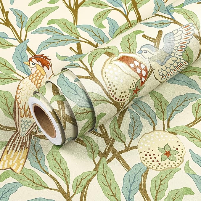 Livelynine Green Wallpaper Peel and Stick Botanical Sage Green Leaves Blue Brown Beige Bird Pomegranate William Morris Willow Bough Prepasted Wallpaper Rolls Vintage Contact Paper Adhesive 17.5x78.8