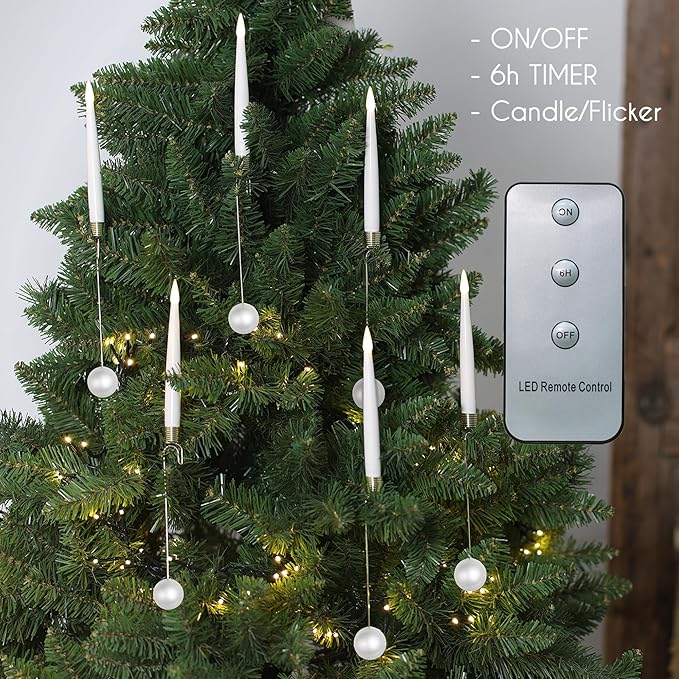 Christmas Tree LED Candles, 10 Pack Battery Operated with Remote, Fake Candles for Xmas Wedding Decor with Pearl Ball Hook