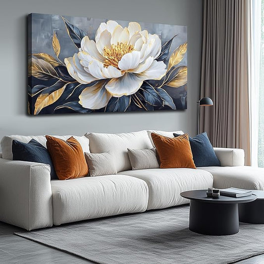 AOZEMI Floral Wall Decorations White Pictures Flowers Wall Art Modern Canvas Plant Gold Wall Decor for Living Room Bedroom Big Artwork 29"x 59"