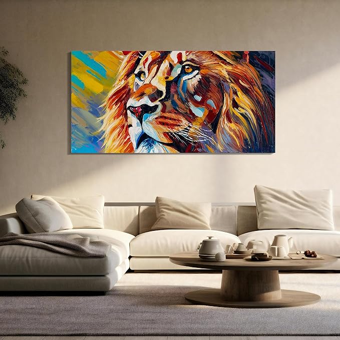 AmoyArt Large Lion Wall Art for Living Room, Animal Canvas Wall-Decor for Bedroom, Colorful Print Picture for Home, Size 58x29 Inches