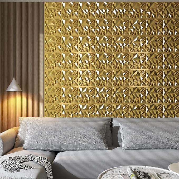 Art3d 33-Pack 3D Wall Panels for Interior Wall Decor, Diamond Textured Feature Wall Paneling for Gaming Living Room TV Wall Background Accent Wall - 12 x 12 inch Gold