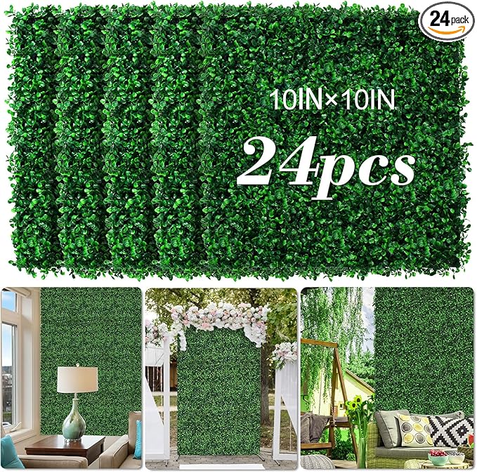 AOKIE 10"X10" Artificial Grass Wall, 24Pcs Boxwood Hedge Wall Panels UV-Anti Grass Backdrop Wall Decor, Greenery Privacy Hedge Screen for Indoor Outdoor Patio Balcony, Party Garden Fence (16.8 sq ft)