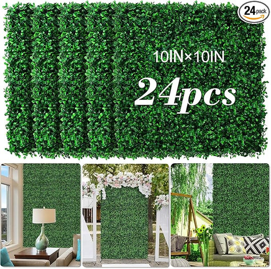 AOKIE 10"X10" Artificial Grass Wall, 24Pcs Boxwood Hedge Wall Panels UV-Anti Grass Backdrop Wall Decor, Greenery Privacy Hedge Screen for Indoor Outdoor Patio Balcony, Party Garden Fence (16.8 sq ft)
