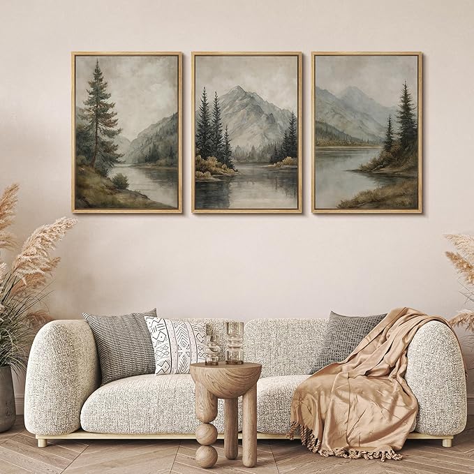 MUDECOR Framed Wall Art Print Set Mountain Landscape Nature with Trees, Lake, and Mountains, Rustic Illustrations Modern Art Decorative Colorful for Living Room, Bedroom, Office - 16"x24"x3 Natural