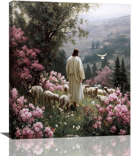 Jesus Wall Art Christian Jesus Lamb Wall Decor Religious God Canvas Painting Pictures Print Christ Decorations for Living Room Bedroom Church Framed Gifts 20”X24”