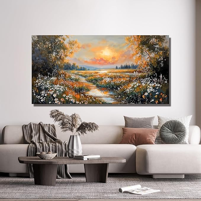 Canvas Wall Art Decor Vintage Wildflower Wall Art Prints Canvas Wall Art for Living Room Nature Landscape Art Work for Wall Decor River Sunset Artwork for Walls Bedroom Office Wall Art Decor 20" X 40"