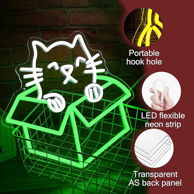 Cat Neon Sign with Usb Power Dimmable Green White Cat Box Led Light Sweet Kitten Led Sign for Bedroom Cafe Pet Shop Nursery Wall Decor(12.6 * 12.6 in)