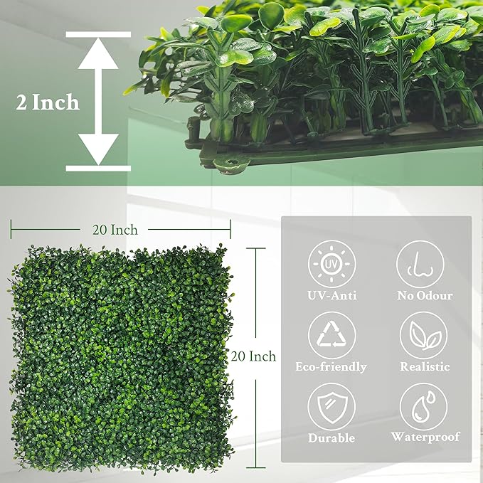 Artificial Boxwood Panels,20"x 20"(8P) 4-Layer Leaf UV-Protected Grass Wall Backdrop Panels for Outdoor, Indoor, Garden&Fence Covering Privacy, Backyard and Decor