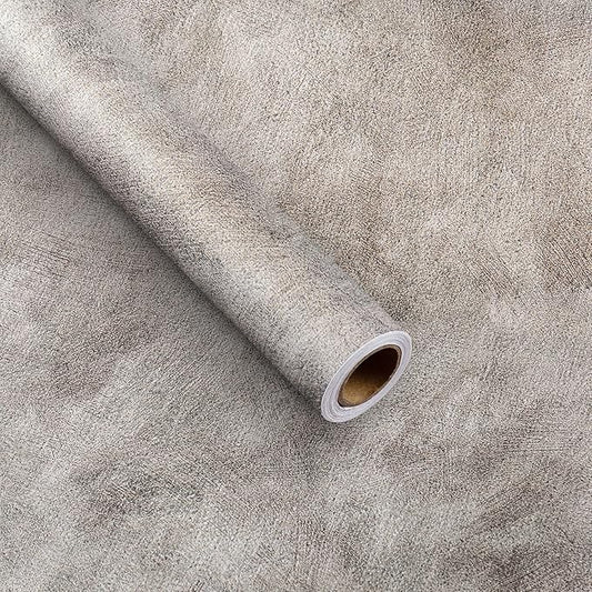 Concrete Wallpaper Peel and Stick 24×200In Gray Contact Paper Waterproof Limewash Cement Industrial Tan Thick Self-Adhesive Vinyl Metallic Removable PVC for Laundry Living Room Basement