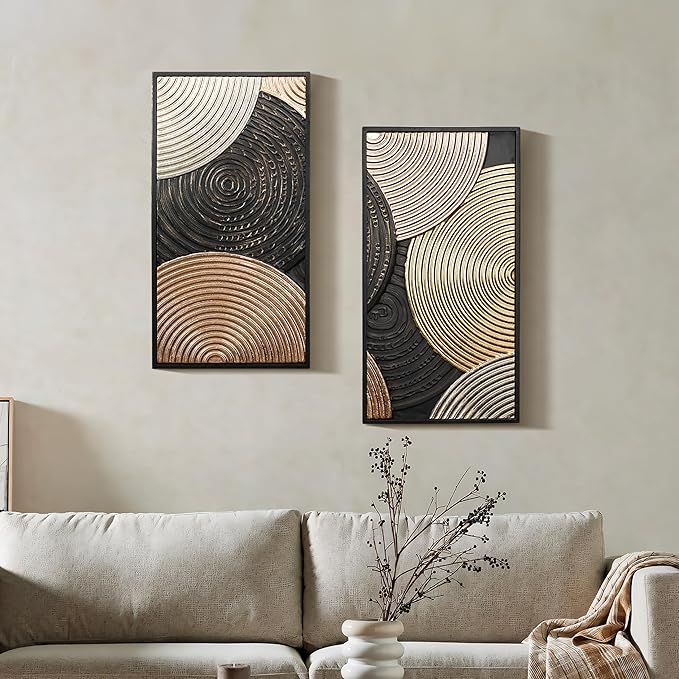 LuxenHome Set of 2 Wall Art, Modern Earth Tone Circles Abstract Rectangular Metal Wall Decor Set Luxury Handmade Wall Art Dector with Frame for Living Room, Home, Office Decorative
