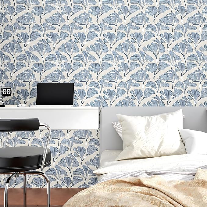 Blue Leaf Peel and Stick Wallpaper - Boho Vintage Floral Wall Decor - Removable, Self-Adhesive for Cabinet Drawers - 17.5''x118.1''