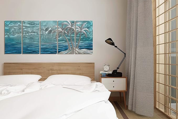 BATRENDY ARTS Blue Metal Tree Wall Art Silver Coconut Palm by the Sea Hand-polished Tropical Artwork Accent Contemporary Bedroom Decor Hangings