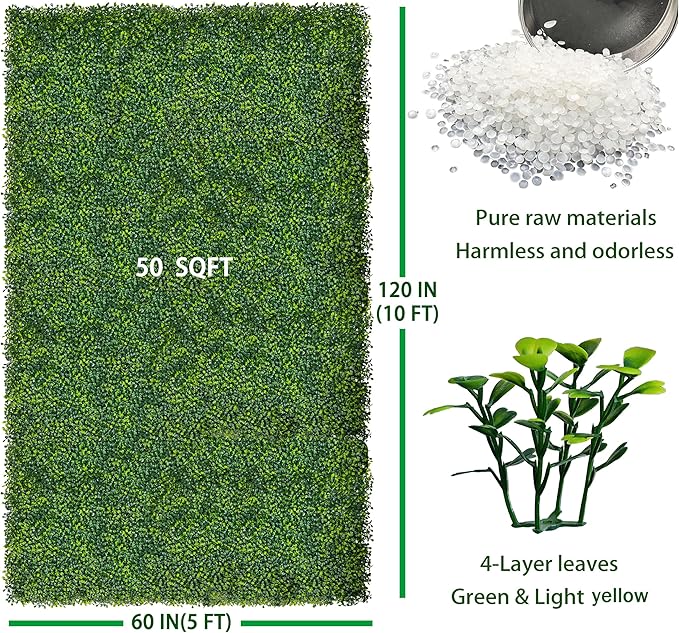Artificial Boxwood Roll Panels: 5FT X 10FT (50 sqft) UV-Anti Artificial Ivy Privacy Fence Wall Screen for Indoor Outdoor Green Grass Wall Decor & Ivy Fence Covering Privacy