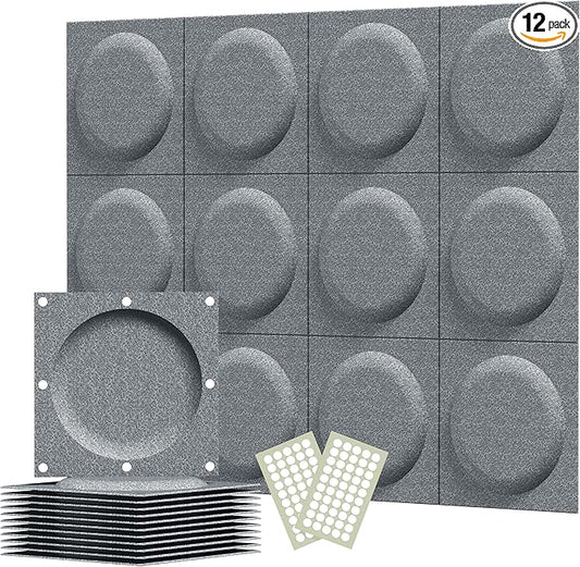Acoustical 3D Wall Panels, 12 Pack 12''x12'' Circle Art Acoustic Panels for Interior Wall Decor, Decorative Acoustic Panels, Acoustic Wall Panels, Sound Absorbing Wall 3D Art (Dark Gray,)