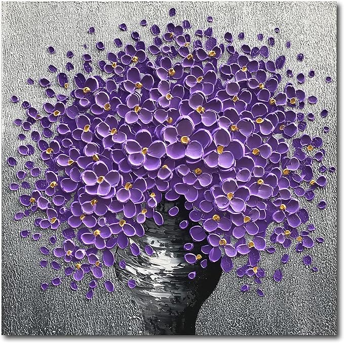 24x24 Hand-Painted Purple Flowers 3D Abstract Decorative Paintings, Wall Decorative Frame Wall Art, Modern Art Living Room Bedroom Office Hotel and Restaurant Wall Art