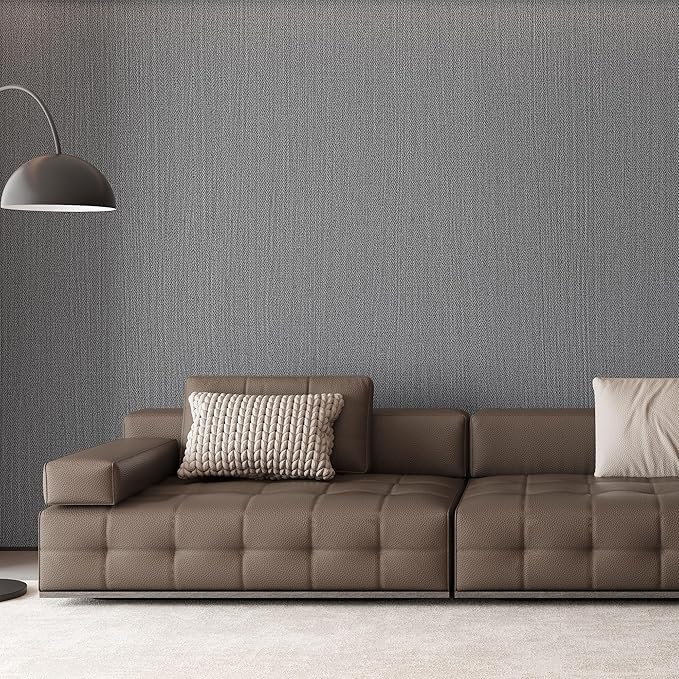 24"x393" Grey Grasscloth Peel and Stick Fabric Textured Contact Paper Linen Wallpaper Vintage Matte Frosted Waterproof Flax Wallpaper for Bedroom Bathroom Kitchen (Dark Gray)