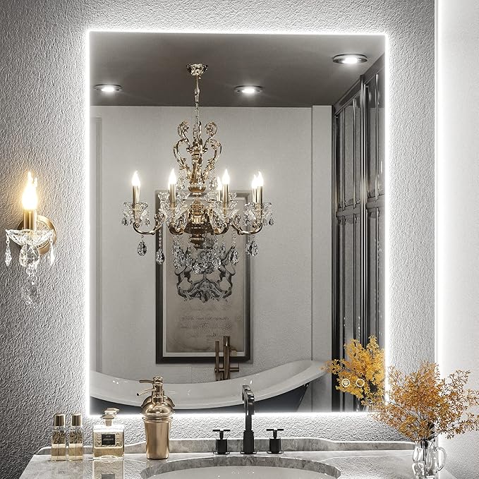 Keonjinn 28 x 36 Inch LED Backlit Mirror Bathroom Lighted Vanity Mirror, 3 Colors Warm/Natural/White Lights High Lumens 5573LM, Anti-Fog Dimmable LED Makeup Mirror with Lights (Vertical/Horizontal)
