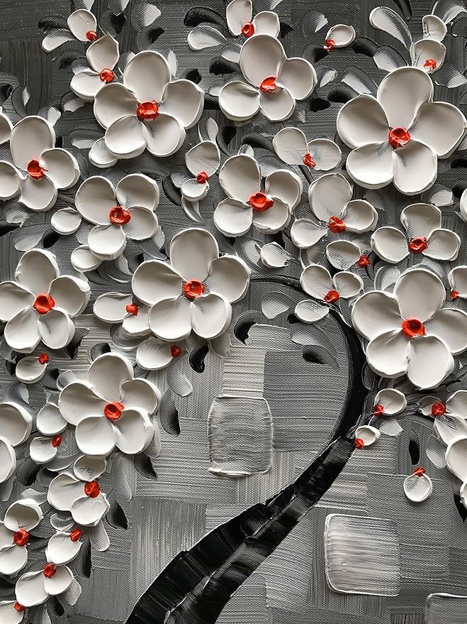 3D Cherry Blossom Tree Canvas Wall Art, White Flowers on Gray, Modern Floral Painting, 30x30 inches