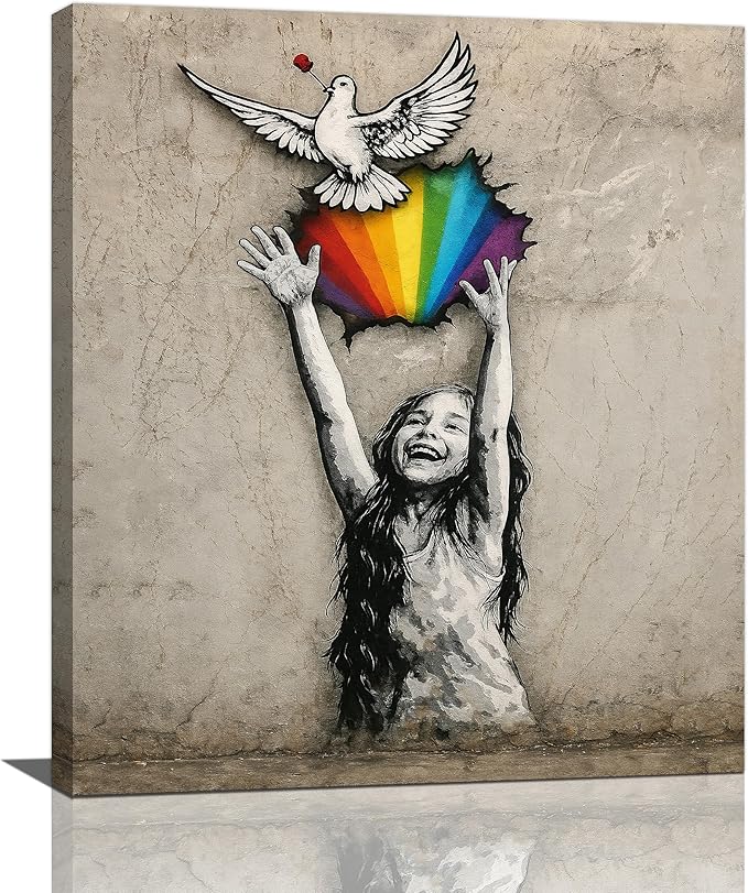 Banksy Street Graffiti Wall Art Rainbow Canvas Wall Decor Love And Peace Pictures Paintings Prints Artwork Framed Modern Decorations For Bedroom Bathroom Office Living Room Gifts 20" x 24"