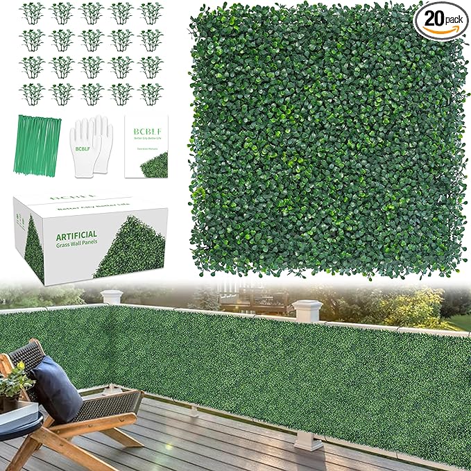 20x20Inch 20Pcs Grass Wall Panels, 4 Layers UV-Anti Boxwood Greenery Hedge with 50 Zip Ties, No Odor Artificial Fake Grass Backdrop Indoor Outdoor Privacy, Birthday Wedding Decor, 55.6 SQ FT