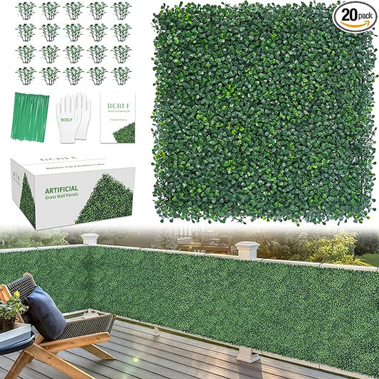20x20Inch 20Pcs Grass Wall Panels, 4 Layers UV-Anti Boxwood Greenery Hedge with 50 Zip Ties, No Odor Artificial Fake Grass Backdrop Indoor Outdoor Privacy, Birthday Wedding Decor, 55.6 SQ FT