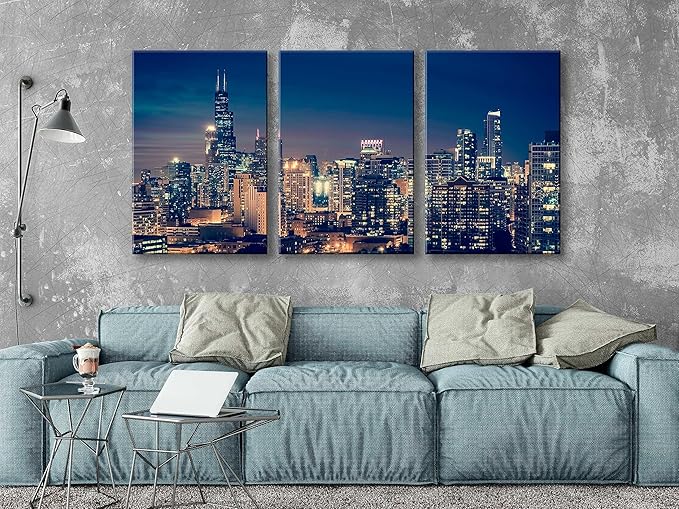 NAN Wind Modern Canvas Painting Chicago Skyline at Night Wall Art Cityscape Picture Print on Canvas Blue City Cool Building Giclee Artwork for Home Office Living Room Bedroom Decoration Framed