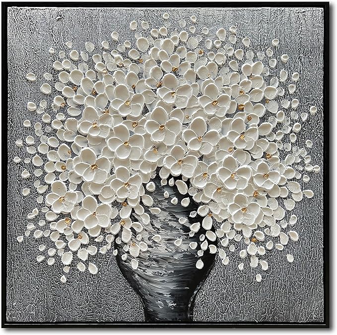 24x24 Inch 100% Hand-Painted White Flowers 3D Abstract Decorative Oil Painting, Hall Wall Decorative Frame Wall Art Ready to Hang