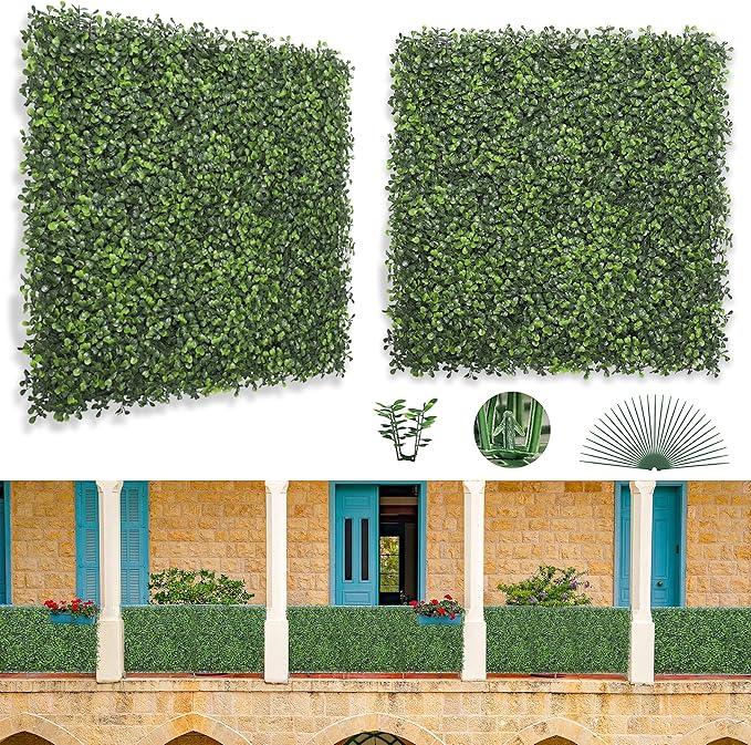 Bybeton Artificial Boxwood Panels,20"x 20" (12pc) 4-Layer Leaves UV-Anti Greenery Wall Backdrop for Indoor Outdoor Privacy Protected and Garden, Balcony,Privacy Fence Screen Decor