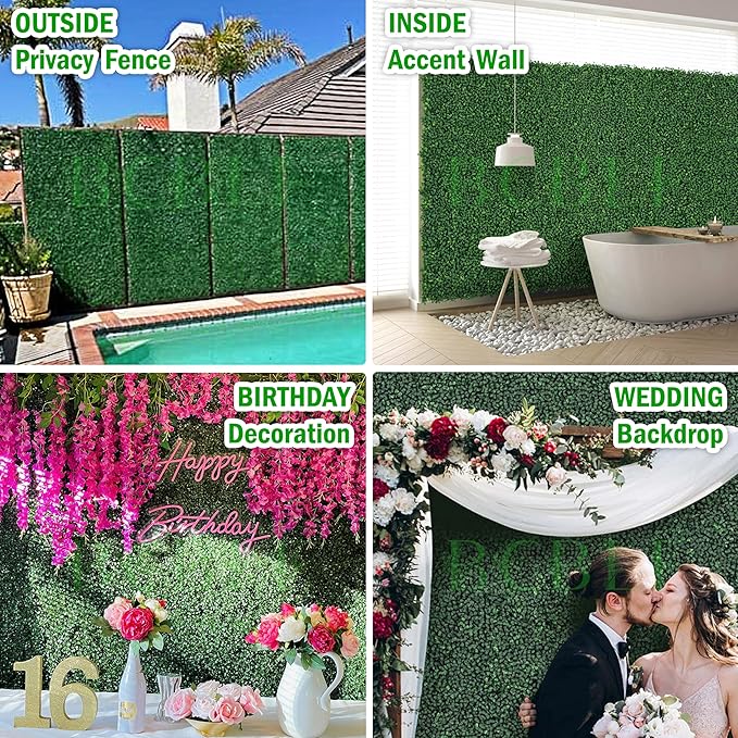 20x20Inch 9Pcs Grass Wall Panels, 4 Layers UV-Anti Boxwood Greenery Hedge with 50 Zip Ties, No Odor Artificial Fake Grass Backdrop Indoor Outdoor Privacy, Birthday Wedding Decor, 25 SQ FT