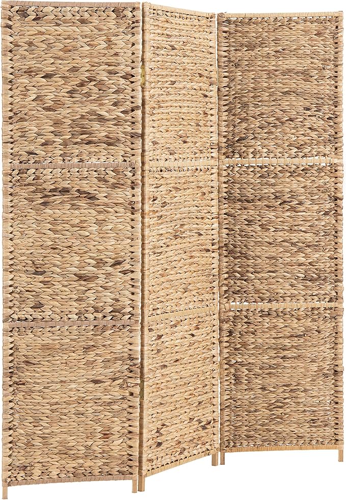MyGift Handwoven Seagrass 3 Panel Room Divider Screen with Wood Frame, 6FT Folding Partition Room Divider, Brown 57.25''W x 70''H