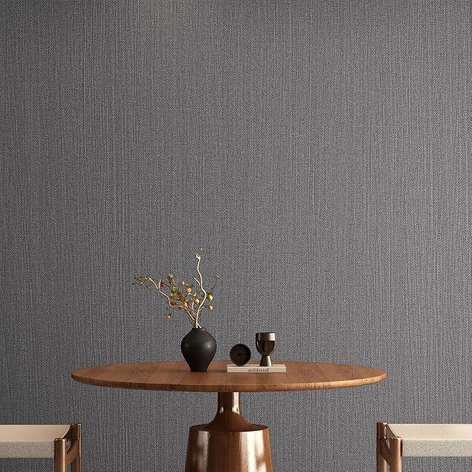 24"x393" Grey Grasscloth Peel and Stick Fabric Textured Contact Paper Linen Wallpaper Vintage Matte Frosted Waterproof Flax Wallpaper for Bedroom Bathroom Kitchen (Dark Gray)