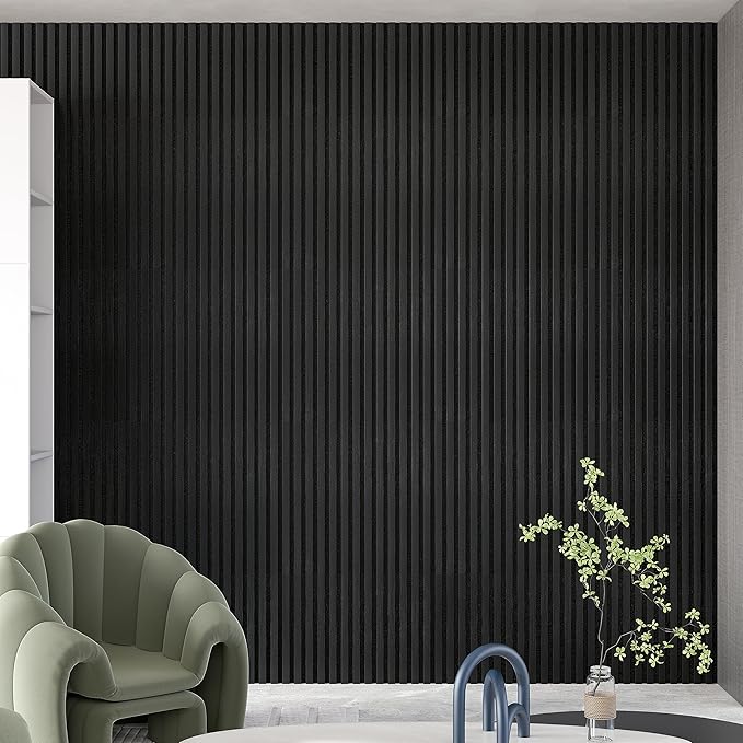 2-Pack 94” x 12.6” Acoustic Wood Wall Panels – 3D Slat Soundproofing for Walls & Ceilings – Elegant Decorative Panels for Modern Interior Design (Jet Black)