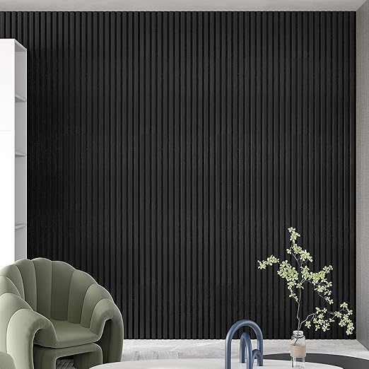 94" L x 24" W Acoustic Wood Wall Paneling, Decorative Sound Proof Panels for Walls and Ceilings, 3D Slat Wood Wall Panels (Set of 10) (Jet Black.)