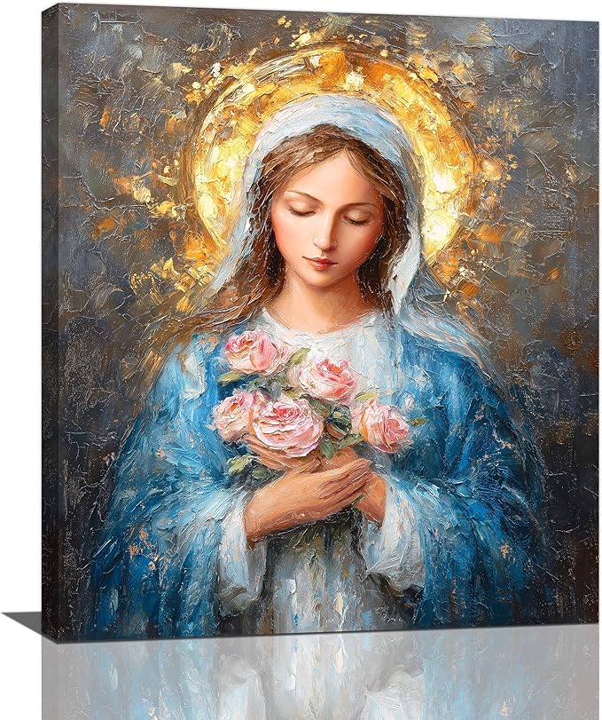 Christian Mary Wall Art Mary Mother Of God Canvas Wall Decor Catholic Blessed Mother with Roses Pictures Christ Paintings Prints Religious Bible Artwork Framed Decorations For Church Prayer Room Chapel Bathroom Bedroom Living Room Gifts 20" x 24"