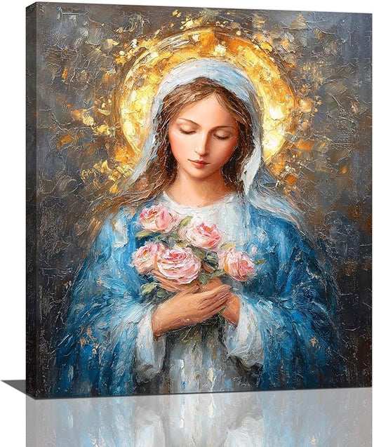 Christian Mary Wall Art Mary Mother Of God Canvas Wall Decor Catholic Blessed Mother with Roses Pictures Christ Paintings Prints Religious Bible Artwork Framed Decorations For Church Prayer Room Chapel Bathroom Bedroom Living Room Gifts 20" x 24"