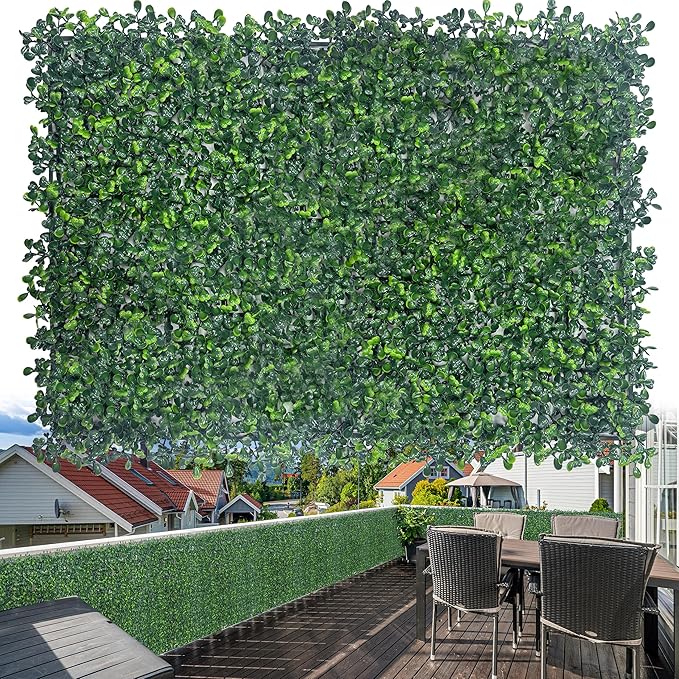Artificial Boxwood Grass Wall Backdrop: 24 X 16 in 24P (64 sqft) UV-Anti Faux Plants Vine Privacy Fence Screen for Indoor & Outdoor Green Wall Decor and lvy Wall Privacy Coverage.