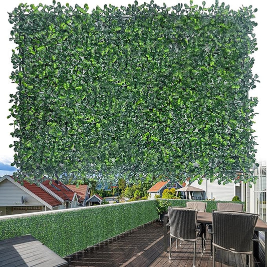 Artificial Boxwood Grass Wall Backdrop: 24 X 16 in 24P (64 sqft) UV-Anti Faux Plants Vine Privacy Fence Screen for Indoor & Outdoor Green Wall Decor and lvy Wall Privacy Coverage.