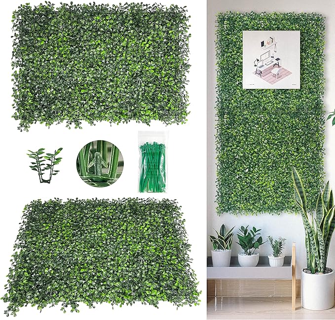Bybeton Artificial Boxwood Panels,24"x 16" (24pc) 4-Layer Leaves UV-Anti Greenery Grass Wall Backdrop for Indoor Outdoor Privacy Protected and Garden, Balcony,Privacy Fence Screen Decor