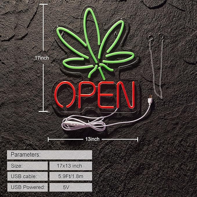 Marijuana Open Neon Sign for Wall Décor Hemp LED with Dimmable Switch Sign Man Cave Art Bars Beer Cannabis High Life Neon Signs Light
