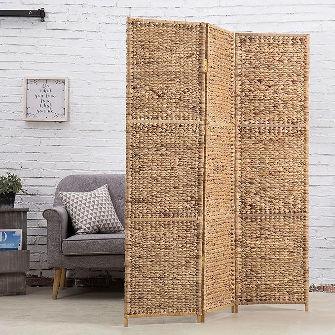 MyGift Handwoven Seagrass 3 Panel Room Divider Screen with Wood Frame, 6FT Folding Partition Room Divider, Brown 57.25''W x 70''H