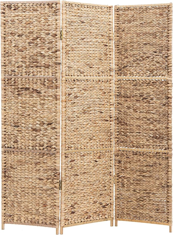 MyGift Handwoven Seagrass 3 Panel Room Divider Screen with Wood Frame, 6FT Folding Partition Room Divider, Brown 57.25''W x 70''H