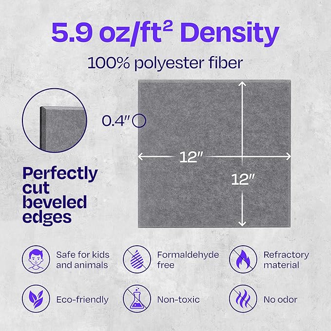 Acoustic Panels - 12 Pack, 12"X12"X0.4" Soundproof Panels - Pebble Gray Square